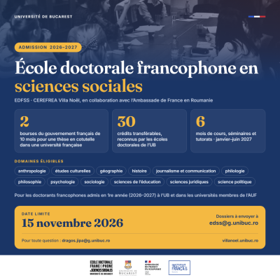 Programme d’études et bourses du gouvernement français pour les doctorants en sciences sociales à l’Université de Bucarest (appel à candidatures)